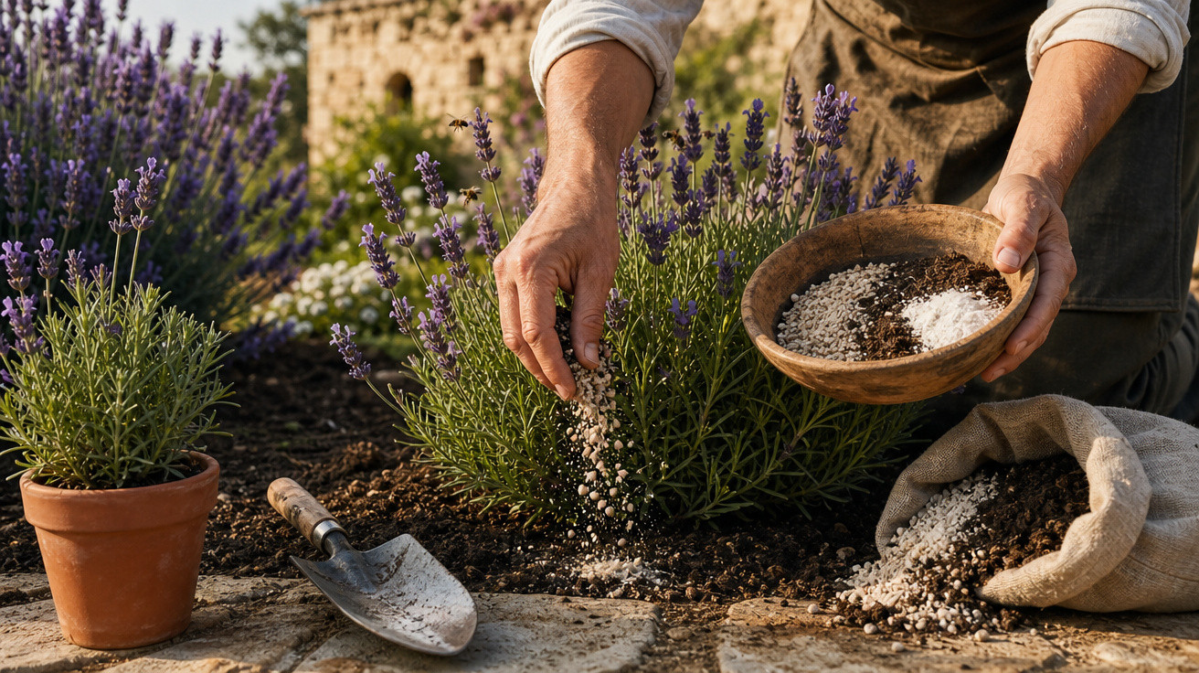 Pessoa a adubar plantas de lavanda num jardim com colher de mão e saco de fertilizante ao lado.