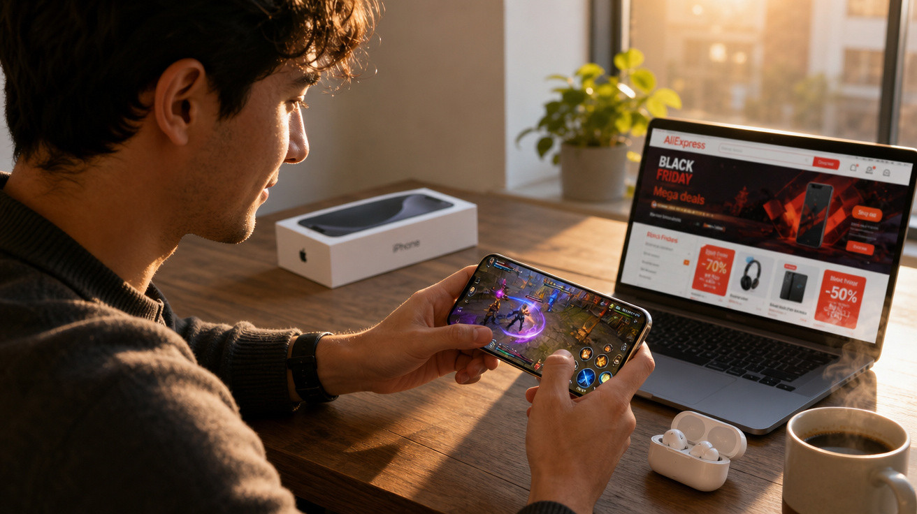 Homem a jogar videojogo no smartphone com computador e caixa de iPhone numa mesa iluminada pelo sol.