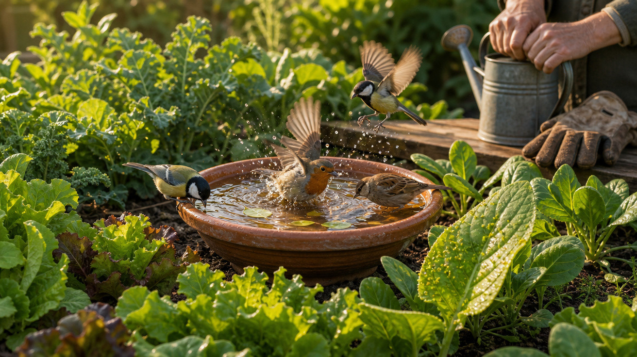 Pássaros a beber e a tomar banho numa taça de água num jardim verde com mãos a regar as plantas.