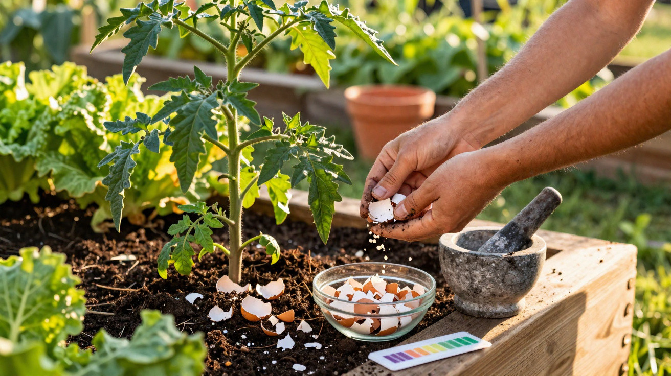 Mãos a partir cascas de ovos para adubar planta de tomate numa horta caseira em canteiro de madeira.