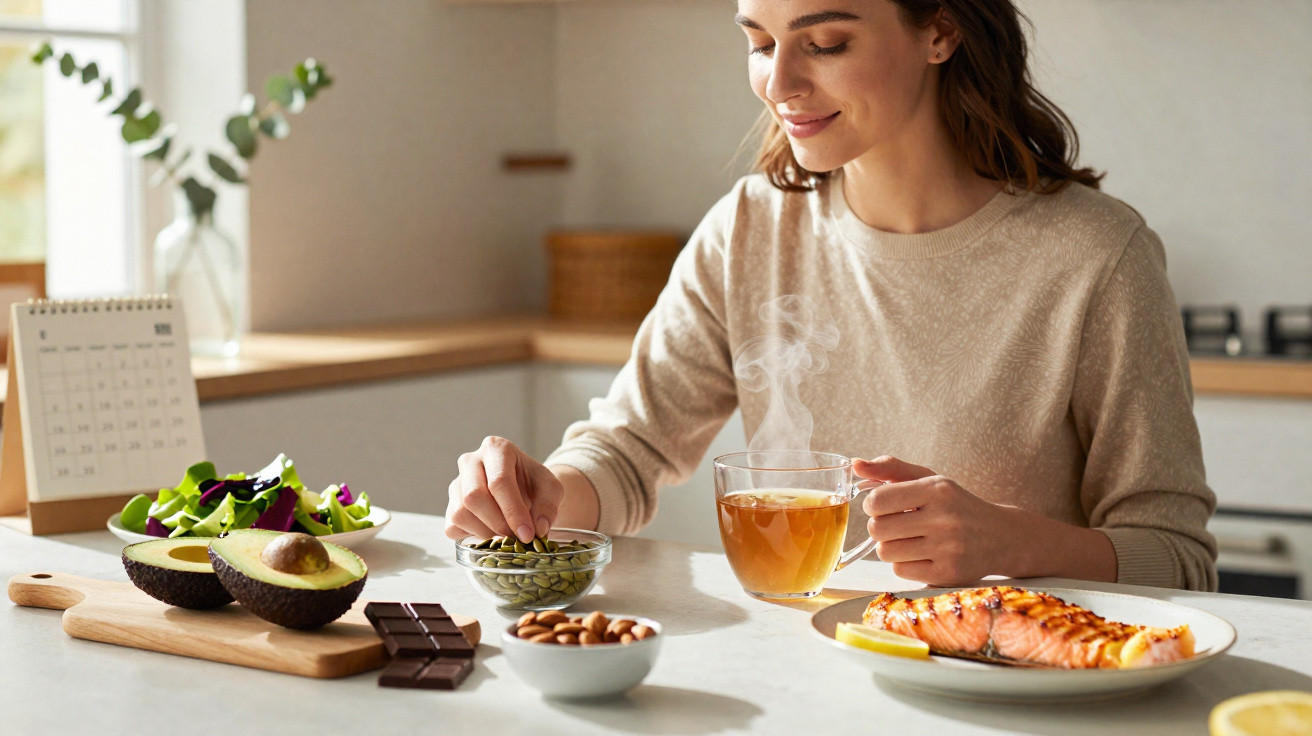 Mulher sentada à mesa preparada com salmão grelhado, chá, abacate, salada e snacks saudáveis numa cozinha moderna.