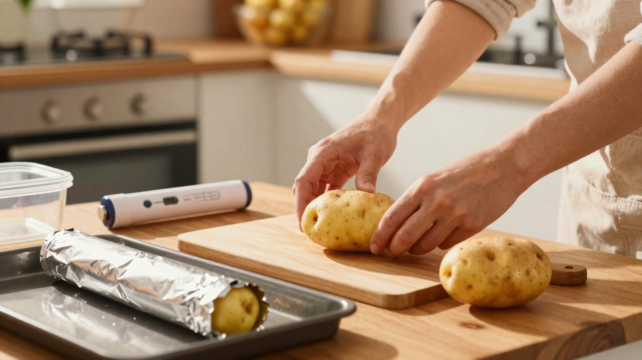 Pessoa a preparar batatas numa cozinha, com batata num tabuleiro enrolada em papel de alumínio.