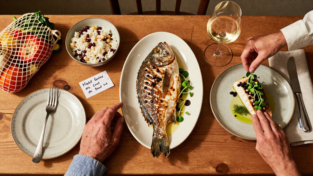 Mesa de madeira com prato de peixe grelhado, salada, copo de vinho branco e pessoa a servir comida.