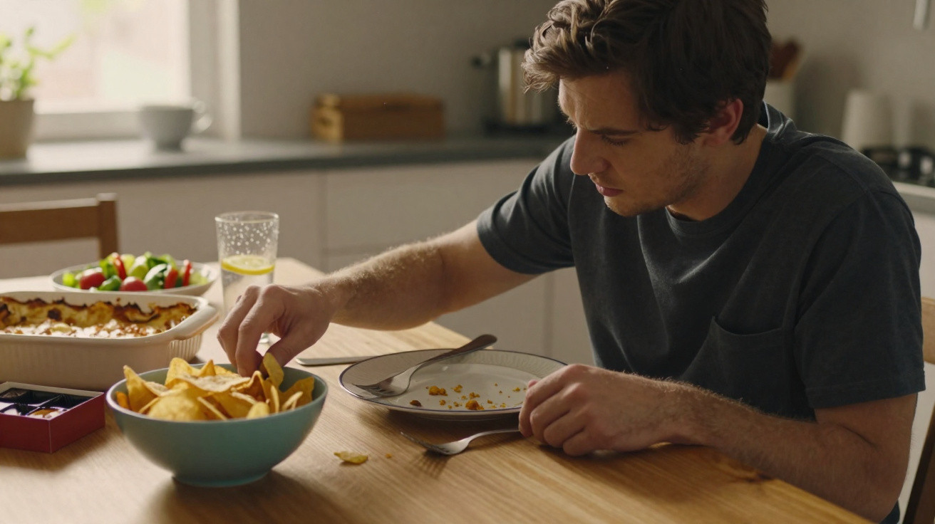 Homem sentado à mesa da cozinha a pegar batatas fritas de um bowl, com prato vazio à sua frente.