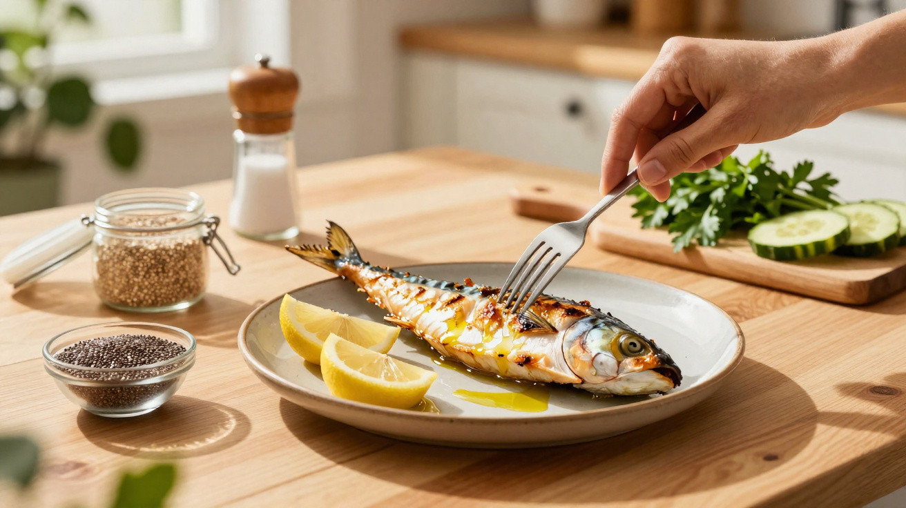 Peixe grelhado servido com limão num prato, com mão a espetar com um garfo numa cozinha iluminada.