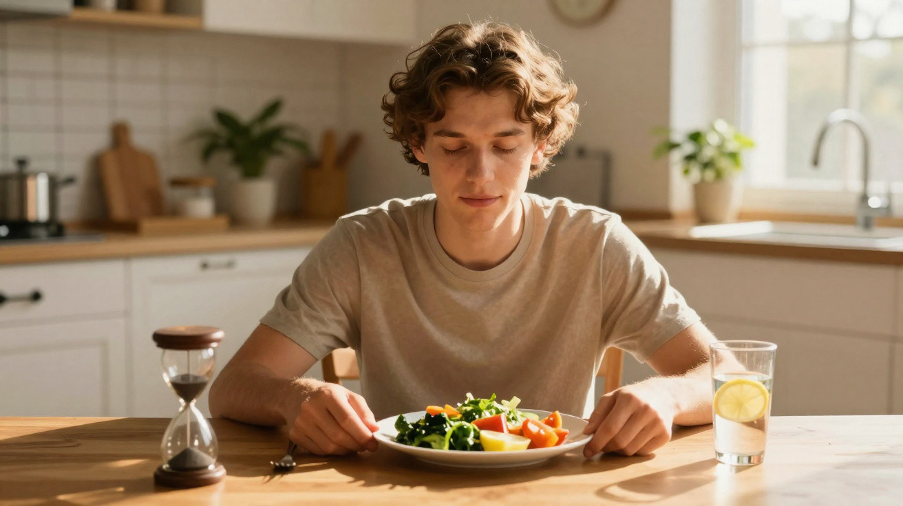 Jovem sentado à mesa da cozinha pronto para comer uma salada saudável com um copo de água com limão.