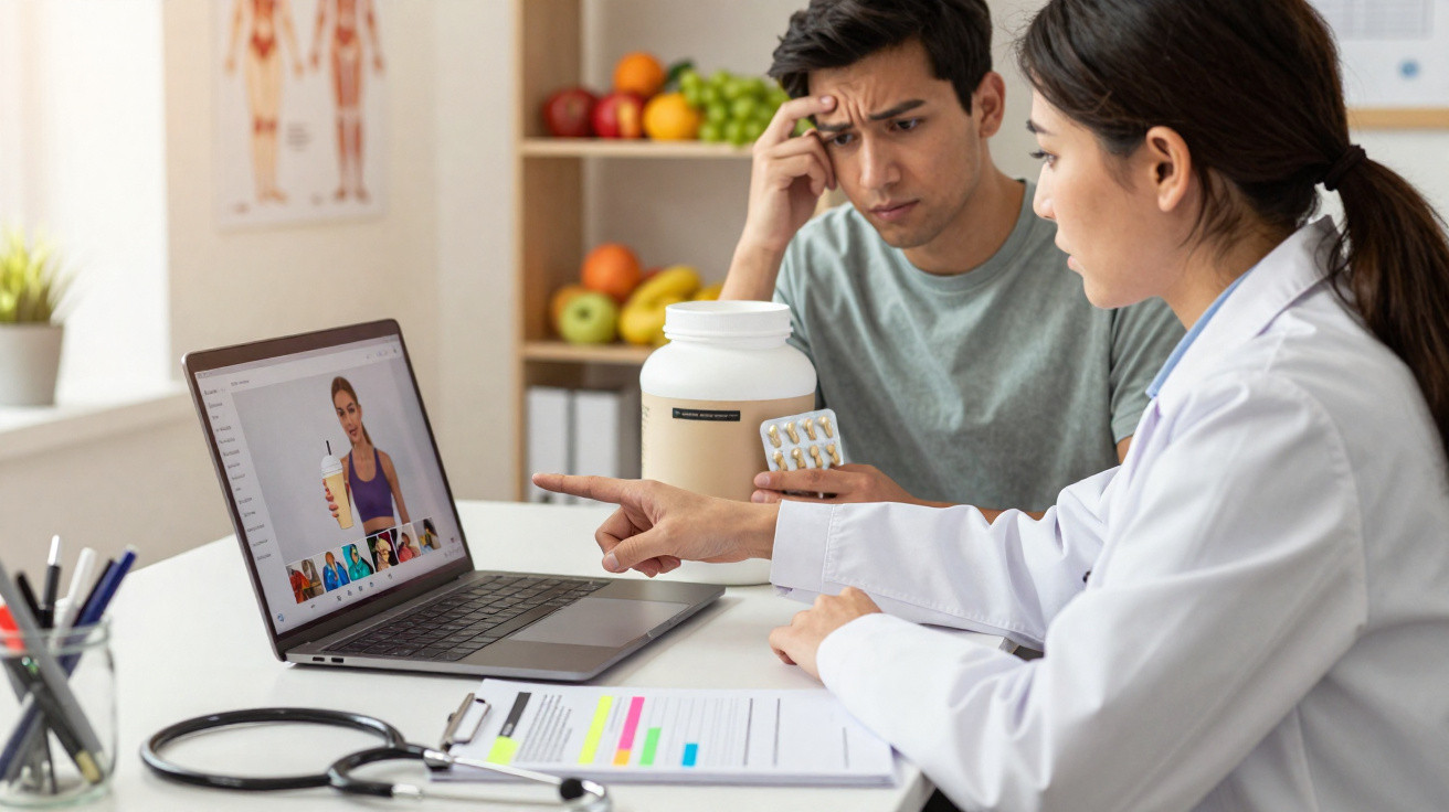 Homem preocupado a consultar suplementos com médica em consulta, olhando para ecrã de computador portátil.