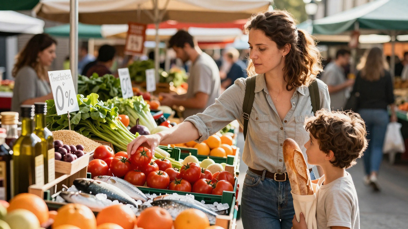 Mulher e menino compram tomates numa feira ao ar livre com bancas de frutas e legumes variados.