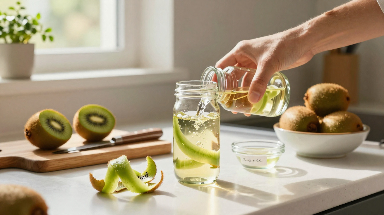 Mão a deitar líquido numa jarra com fatias de kiwi, sobre balcão com kiwis e arca em fundo iluminado.