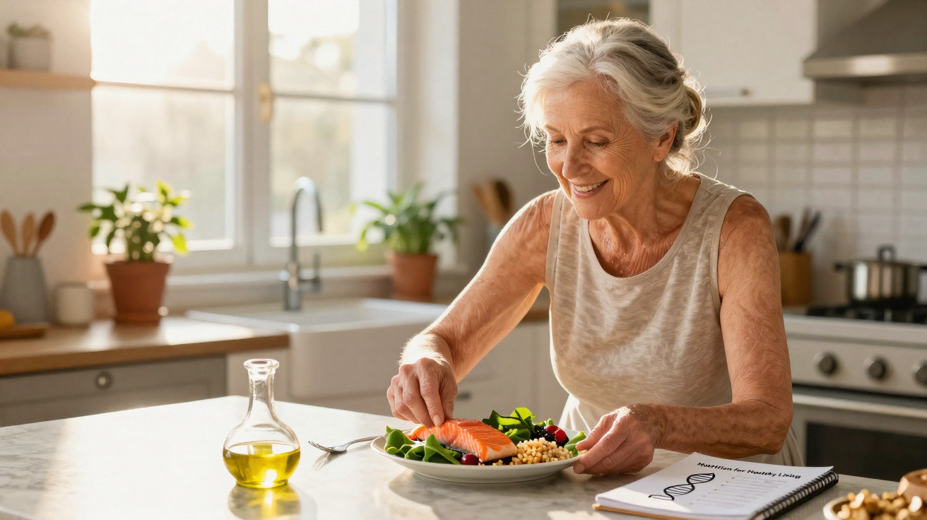 Idosa sorridente prepara prato saudável com salmão e legumes numa cozinha iluminada e moderna.
