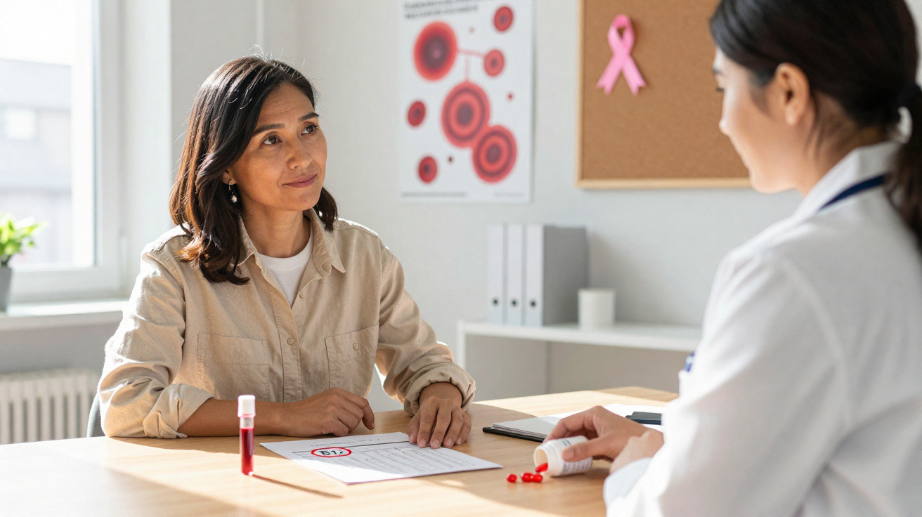 Mulher a consultar médica num consultório com símbolos de prevenção do cancro da mama na parede.