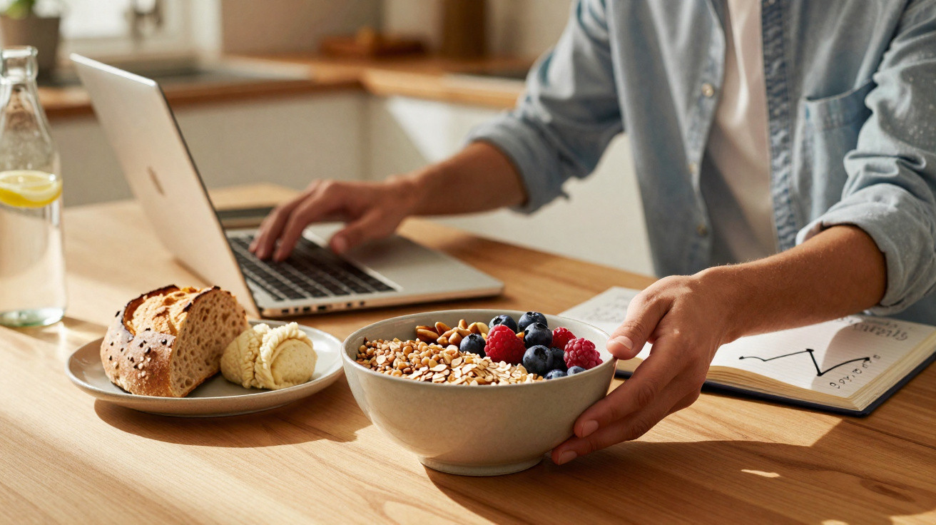 Pessoa a trabalhar num computador portátil com refeição saudável de iogurte, frutos vermelhos e pão numa mesa de madeira.