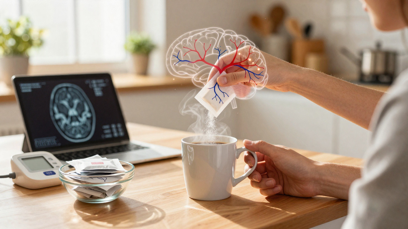 Pessoa a adicionar um suplemento em pó a uma chávena de café, com imagem cerebral holográfica sobreposta.
