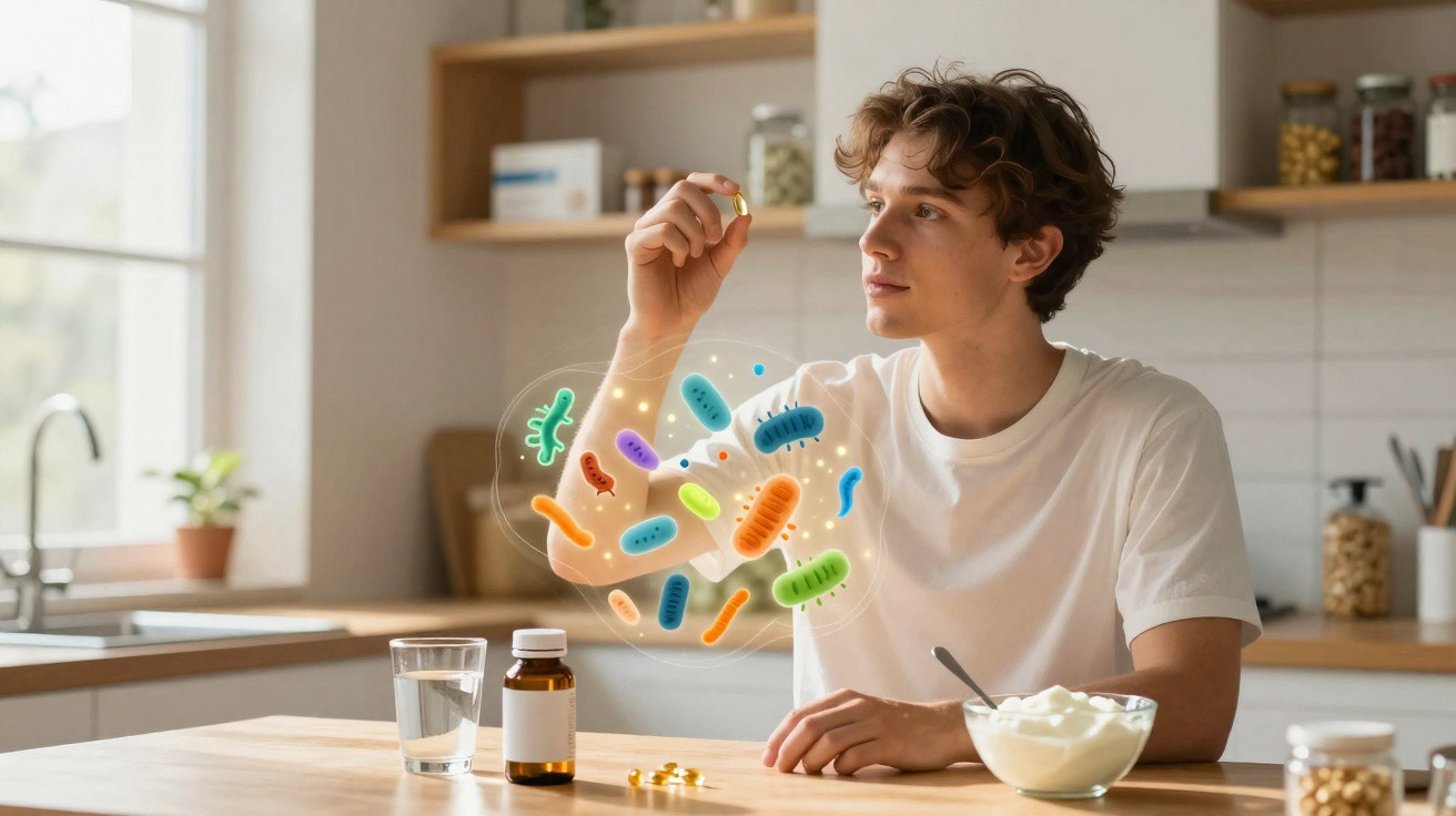 Jovem a tomar um suplemento alimentar com ilustração de probióticos numa cozinha iluminada.