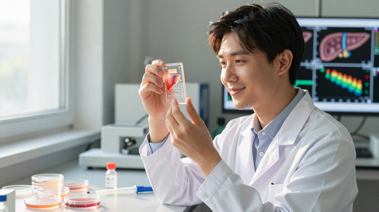 Cientista em laboratório a analisar uma lâmina com imagem de fígado, com monitores e placas de Petri na mesa.