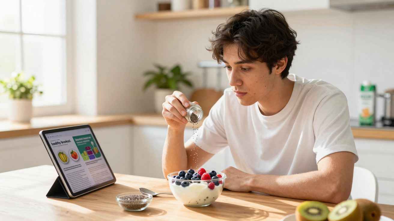 Jovem a temperar iogurte com frutos vermelhos numa cozinha luminosa, com tablet aberto ao lado.