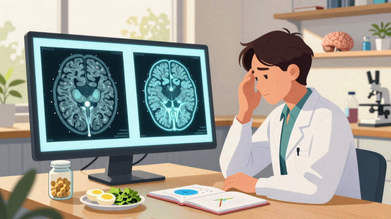 Médico preocupado analisa imagens cerebrais num monitor, com suplementos e comida saudável na mesa.