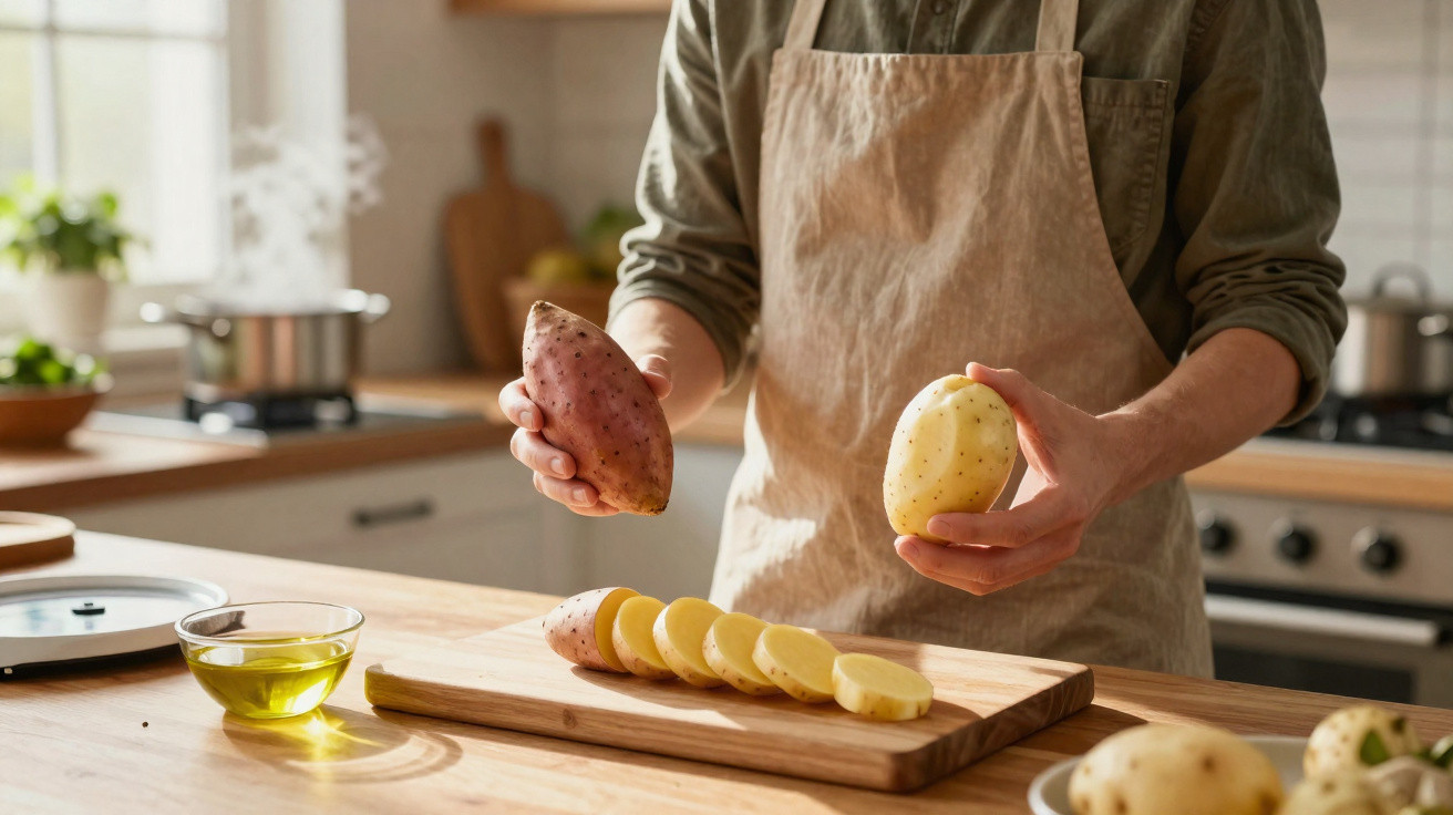 Pessoa de avental a preparar batatas numa cozinha moderna com azeite à frente.