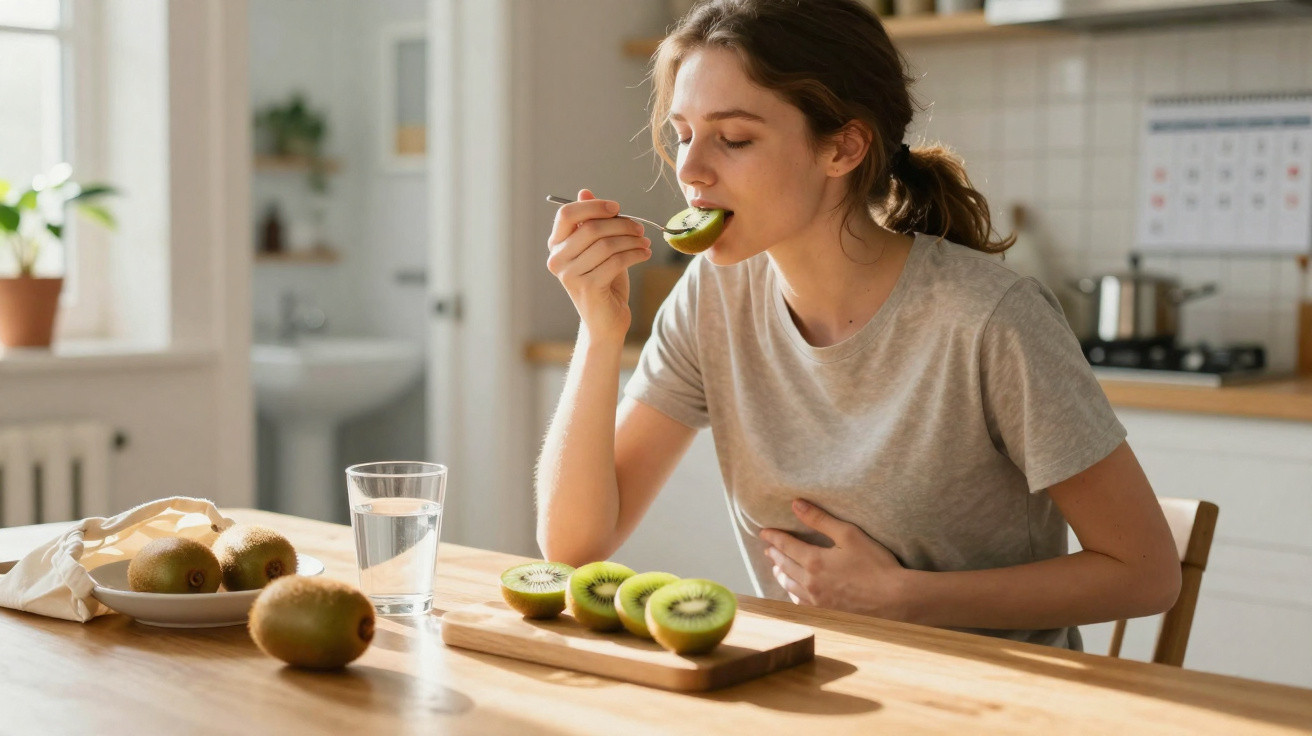 Mulher a comer kiwi à colher sentada numa mesa de cozinha com mais kiwis e copo de água.