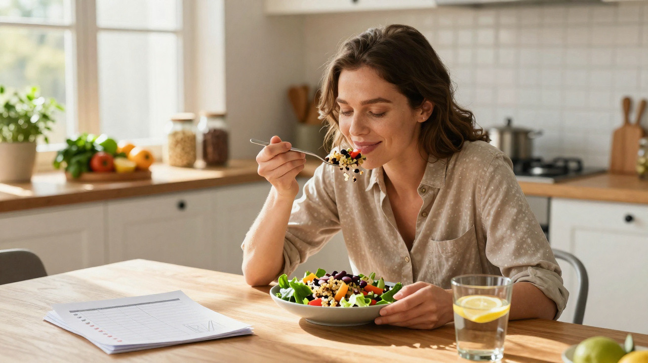Mulher sorridente a comer salada saudável à mesa de cozinha com copo de água e bloco de notas ao lado.