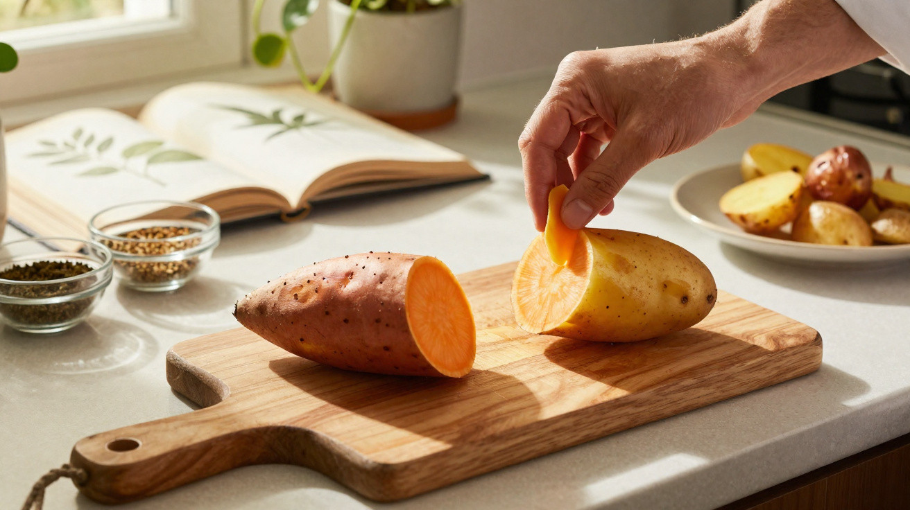 Mão a segurar fatia de batata amarela cortada ao meio na tábua junto a batata doce cortada.