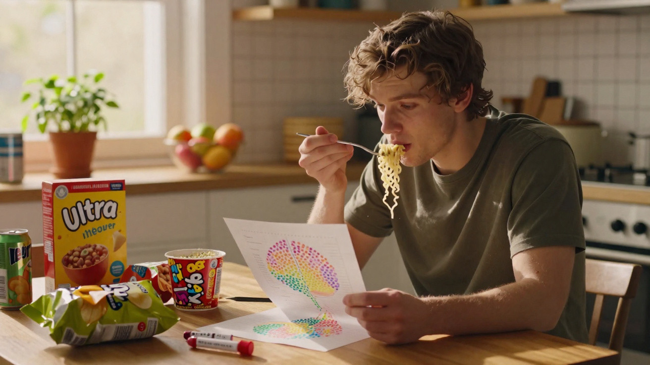 Homem jovem a comer noodles enquanto observa desenho colorido numa cozinha iluminada.