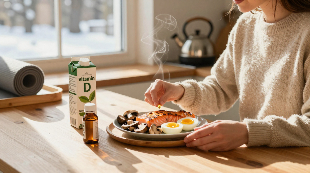 Pessoa a temperar salmão fumegante com ovos e cogumelos, ao lado de suplementos de vitamina D numa mesa.
