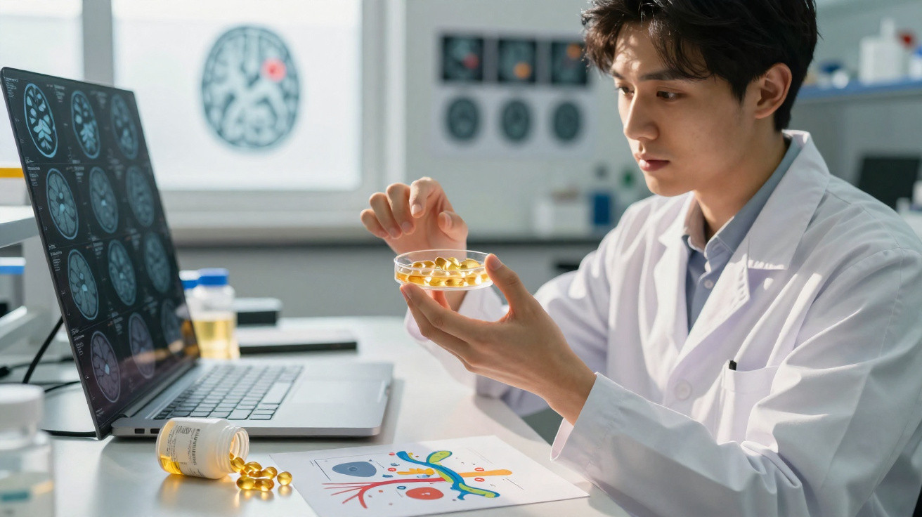 Cientista em bata branca no laboratório analisa cápsulas em placa de petri junto a imagens cerebrais no ecrã.