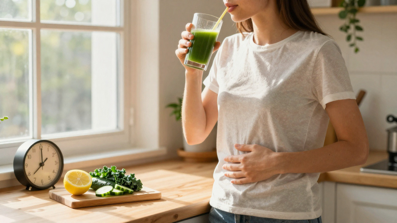 Mulher em cozinha a beber sumo verde com legumes e relógio numa mesa junto a uma janela iluminada.