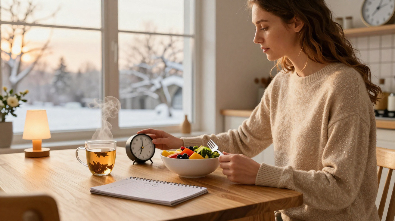 Mulher a tomar pequeno-almoço com salada de frutas, chá quente e relógio na mesa, cenário de inverno atrás da janela.