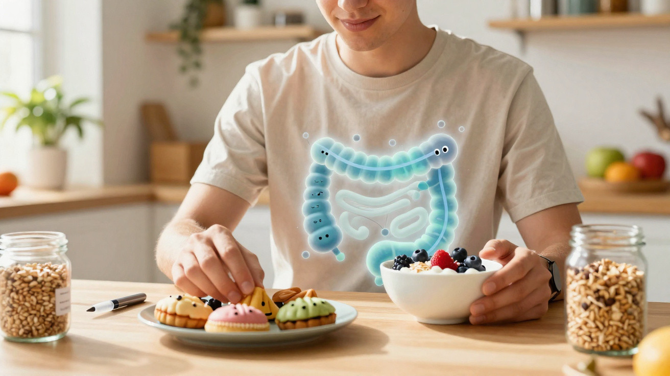 Pessoa a escolher doces numa mesa, com ilustração do intestino visível no peito.