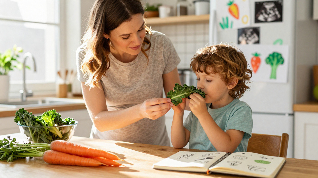 Mãe ajuda filho a cheirar folha de couve numa cozinha com legumes e livro de desenhos à mesa.