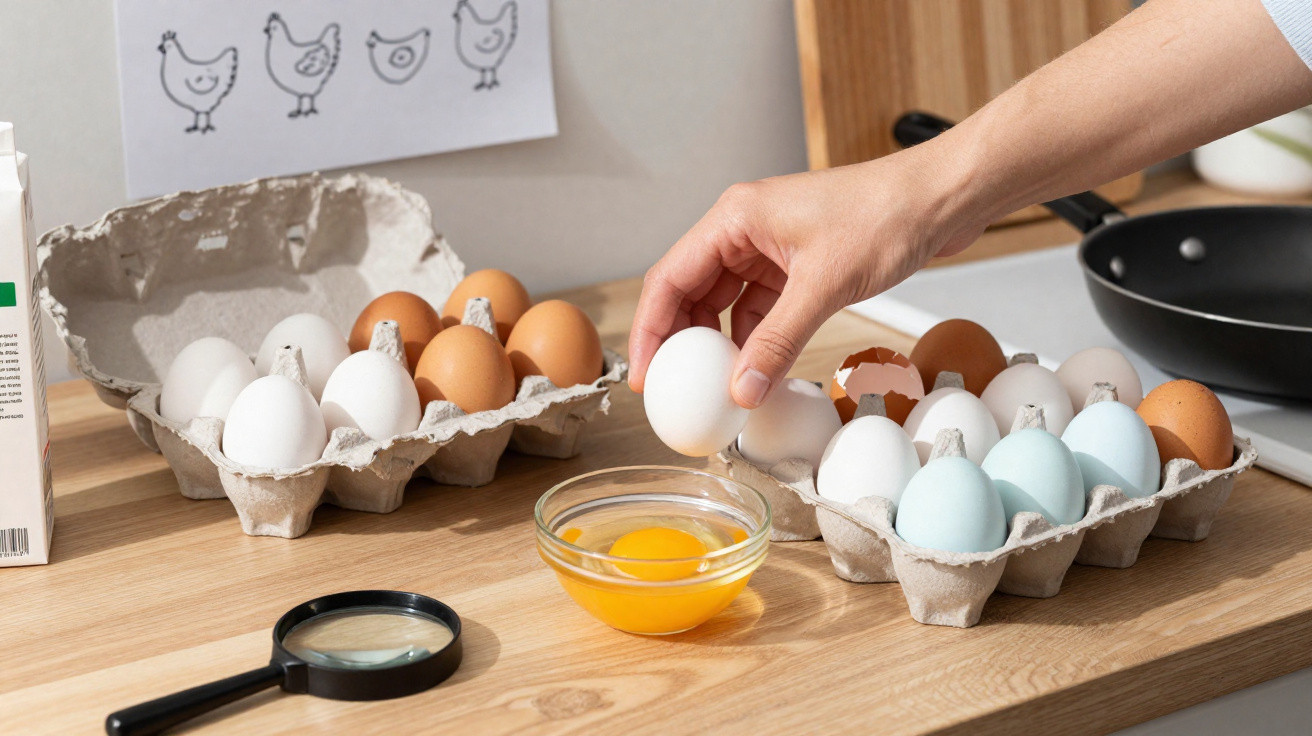 Mão a partir de uma caixa de ovos variada para quebrar um ovo sobre uma tigela de vidro na cozinha.