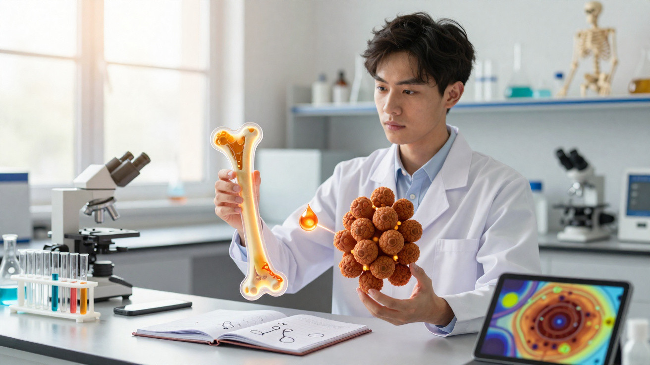 Cientista em laboratório analisa modelos 3D de osso e molécula, com microscópios e equipamentos ao fundo.
