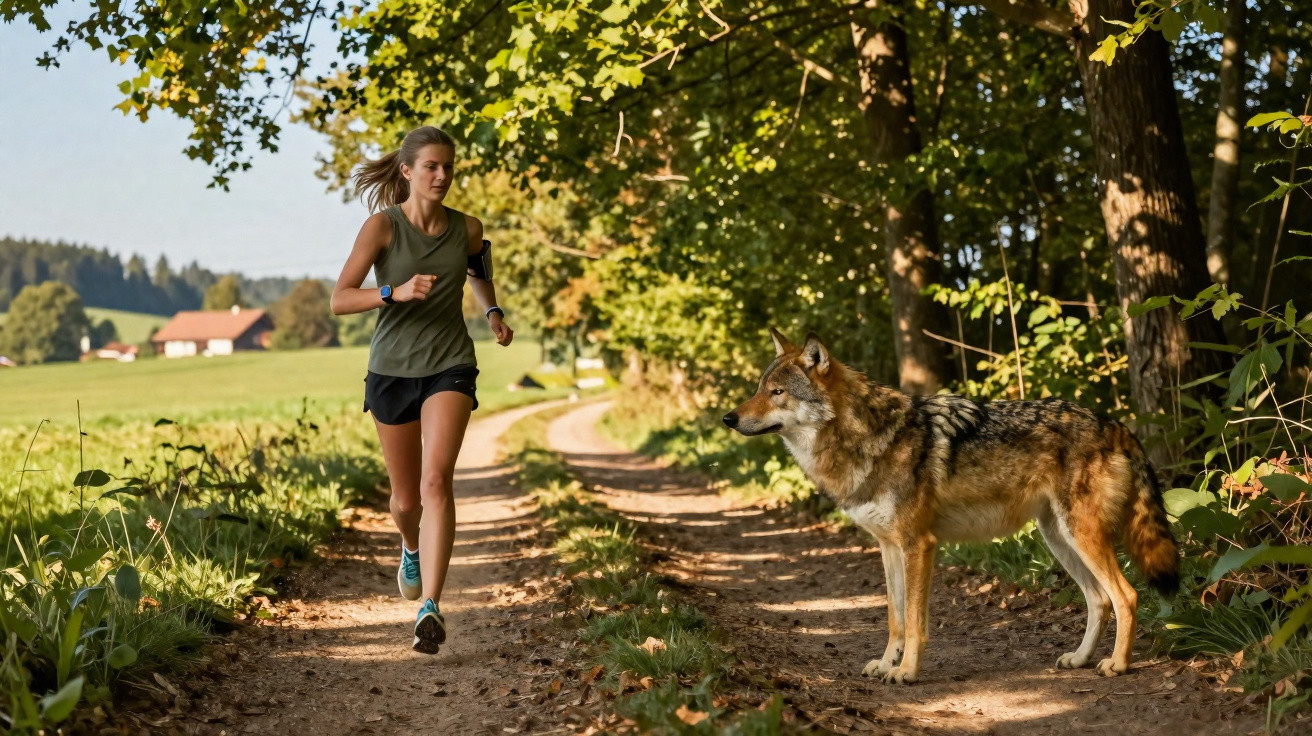 Mulher a correr numa trilha florestal encontra um lobo parado no caminho durante o dia.