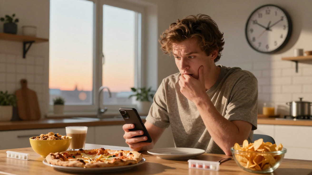 Jovem preocupado a olhar para o telemóvel, sentado à mesa com pizza, chá e snacks numa cozinha iluminada.