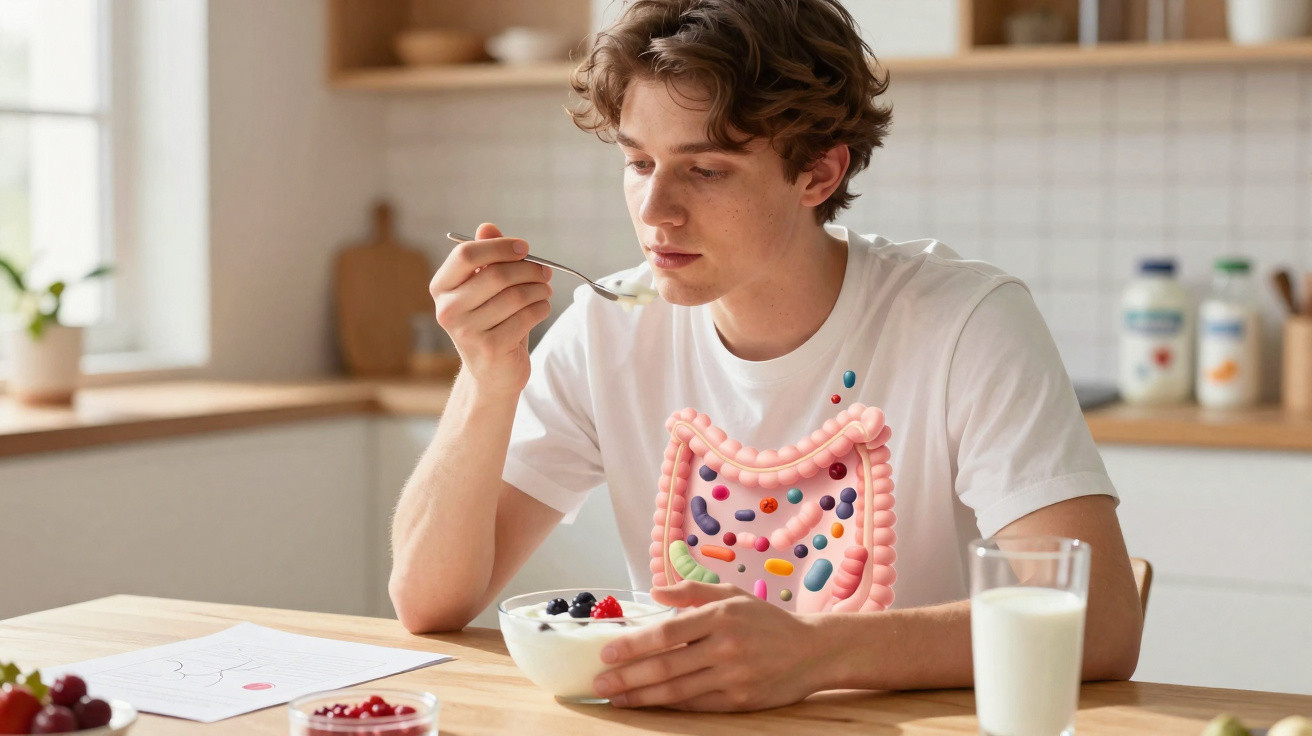 Jovem a comer iogurte com frutas, com ilustração digital do intestino e bactérias sobreposta no corpo.