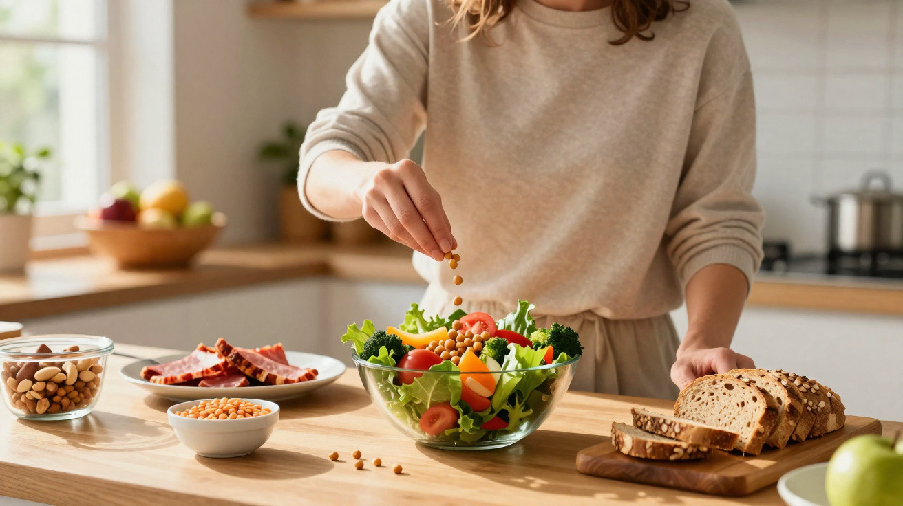 Pessoa a temperar salada com grão-de-bico numa cozinha com pão e frutas na bancada.