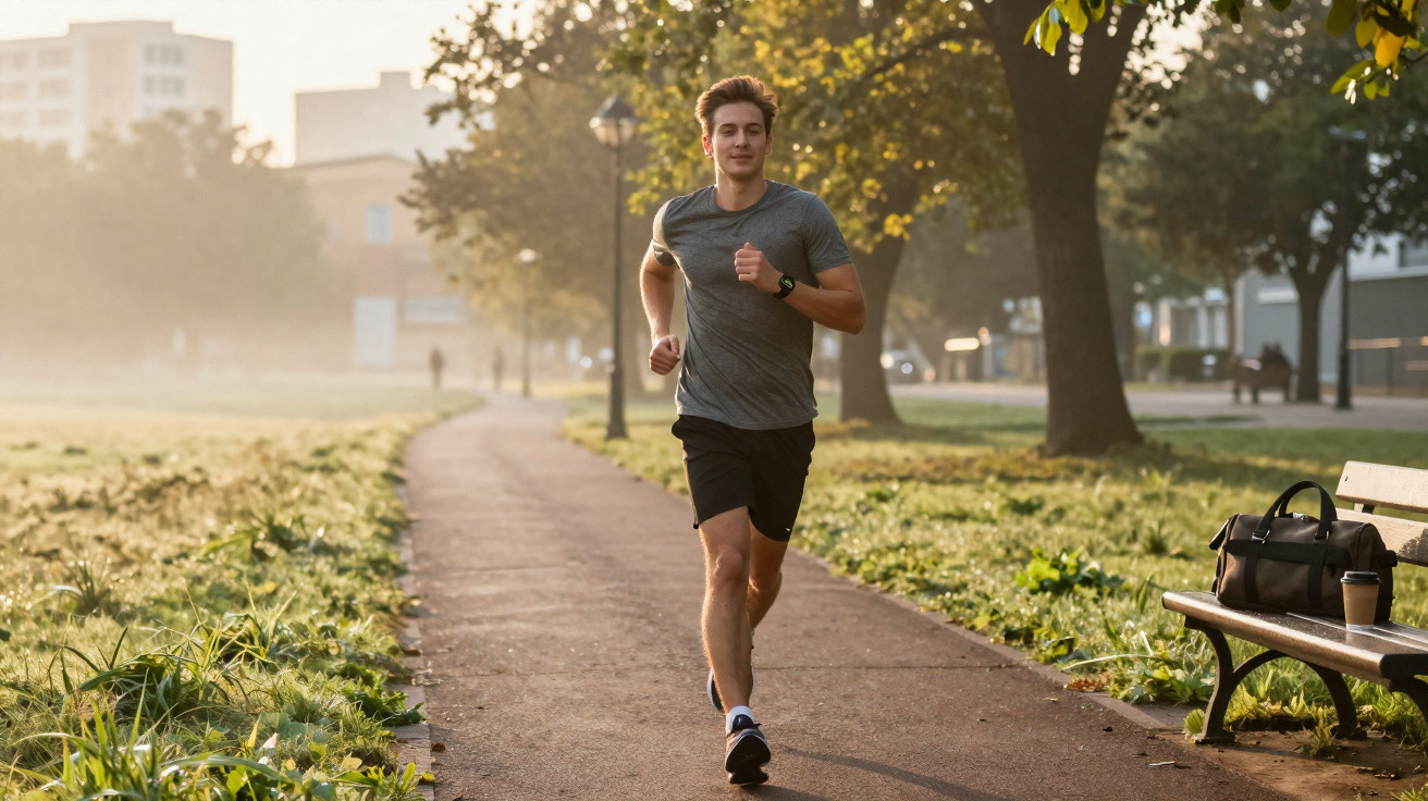 Homem jovem a correr num parque urbano de manhã, com bancos e vegetação ao lado do caminho.