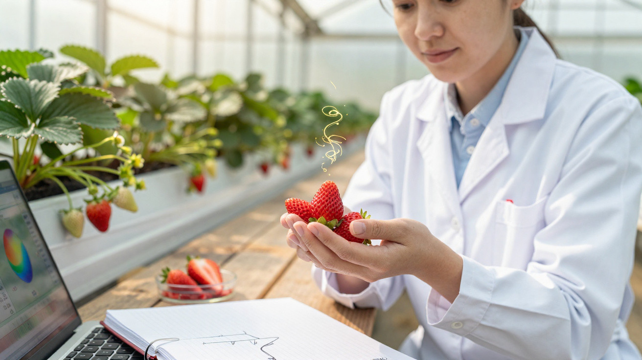 Mulher cientista num laboratório agrícola a segurar morangos frescos, com caderno e portátil à frente.