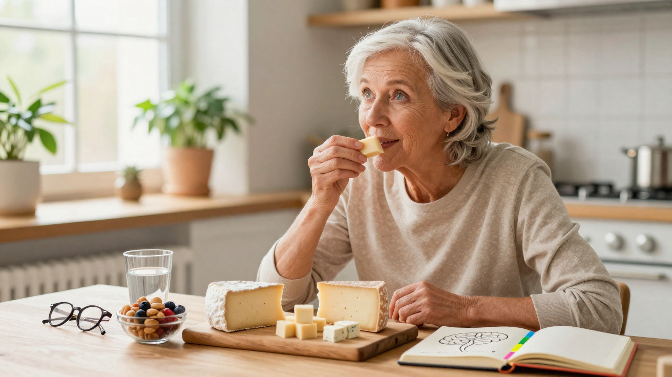 Mulher idosa a provar queijo sentada à mesa com tábuas de queijos e um caderno aberto na cozinha.