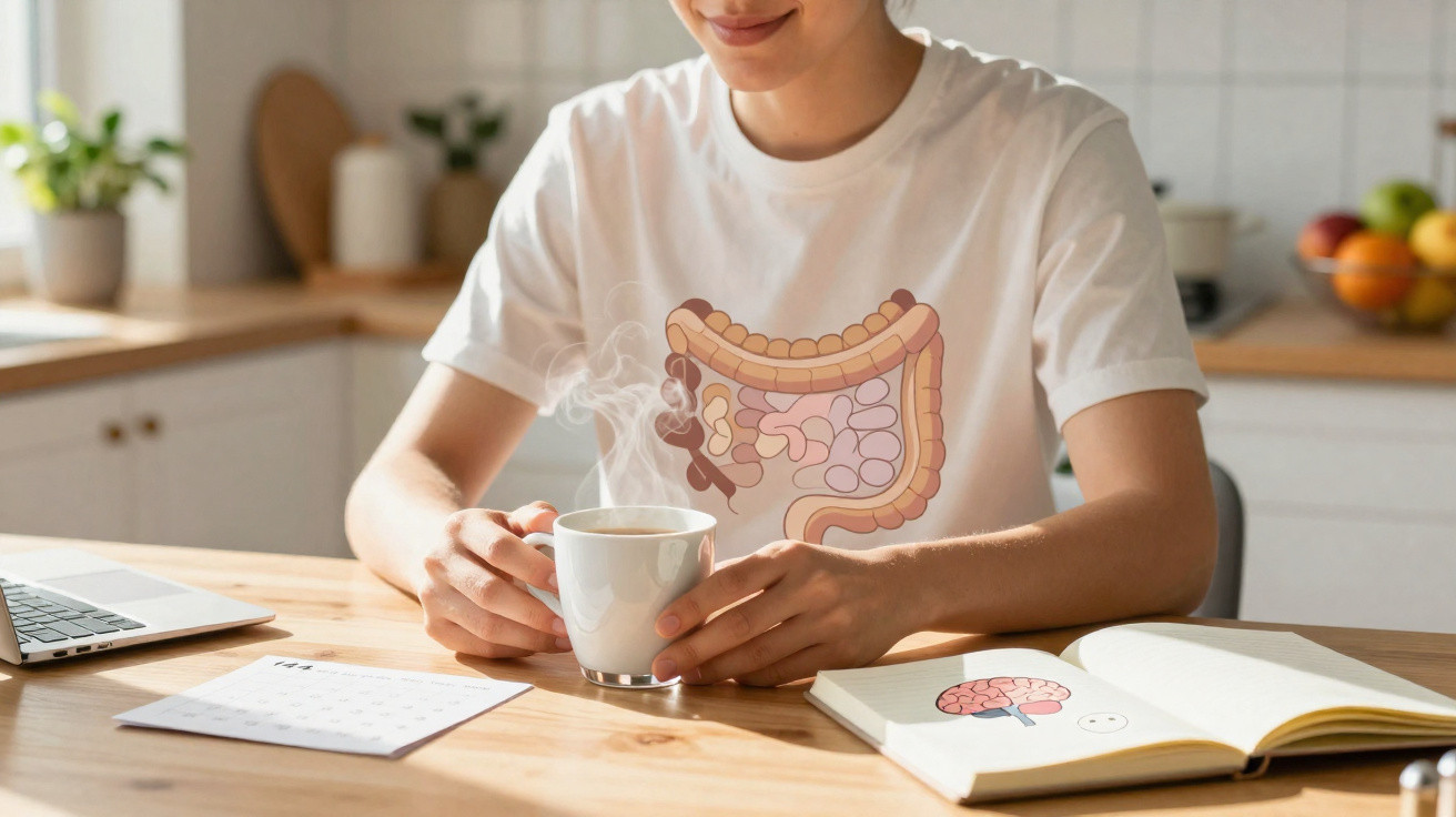 Pessoa sentada a segurar uma chávena quente, com ilustração do intestino sobreposta na parte do peito.