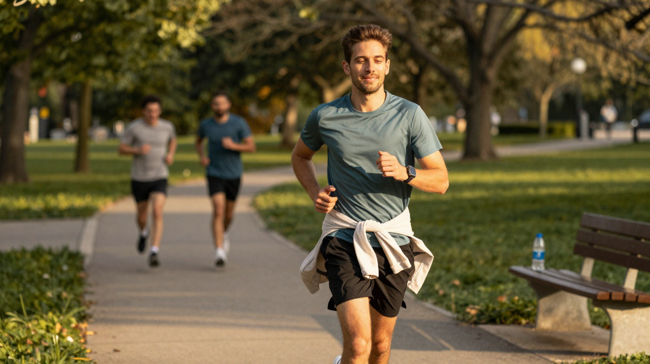 Homem jovem a correr num parque com outras duas pessoas a fazer jogging ao fundo, tarde soalheira.