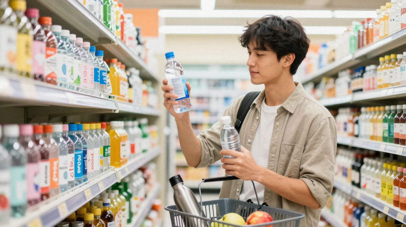 Jovem em supermercado a escolher entre garrafas de água nas prateleiras, com cesto de compras na mão.