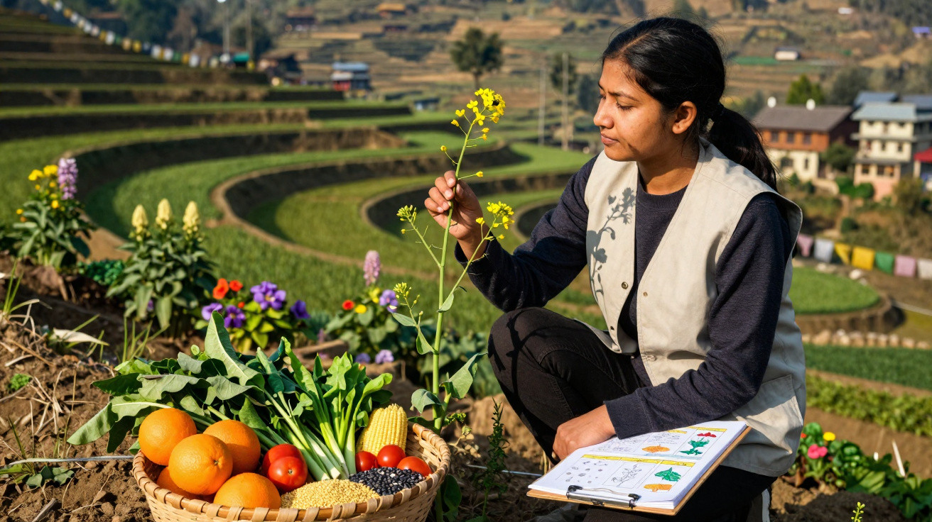 Mulher sentada na horta observa flor amarela, com cesta de frutas e caderno aberto junto a si.
