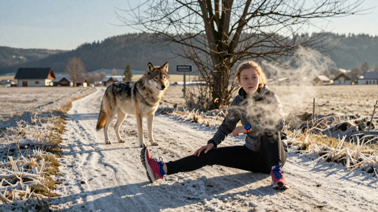 Jovem a alongar-se na neve numa estrada rural com um lobo ao lado, sob sol de inverno claro.