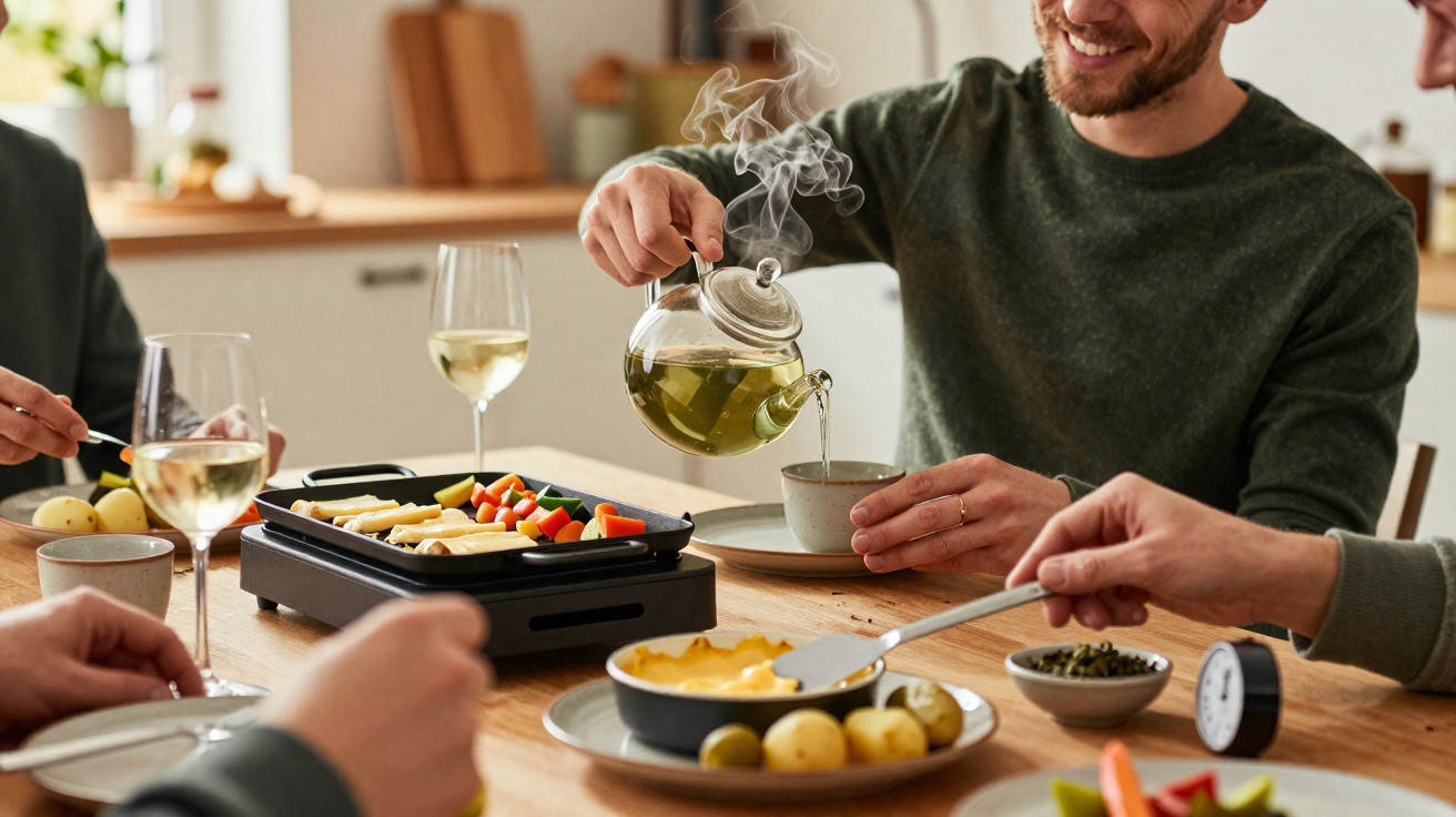 Pessoa a servir chá quente numa mesa com comida e copos de vinho branco em ambiente aconchegante.