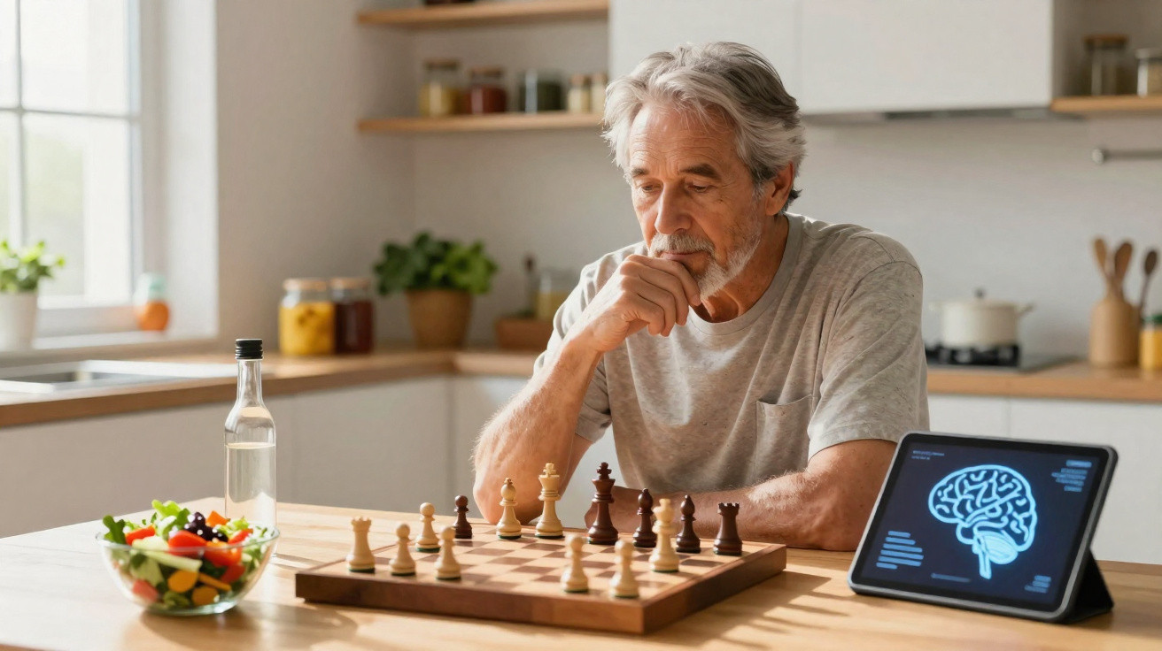 Homem idoso sentado à mesa a jogar xadrez, com um tablet a mostrar imagem de cérebro e uma salada ao lado.