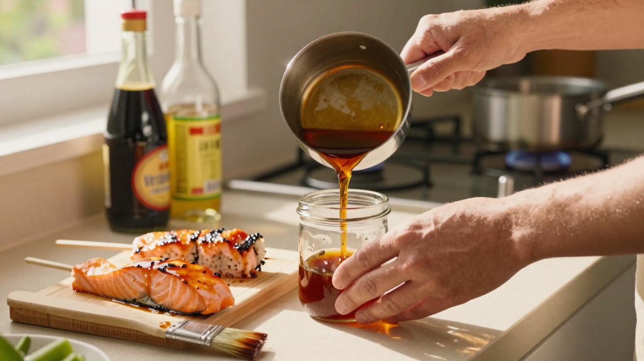 Pessoa a verter molho num frasco enquanto prepara salmão grelhado com sementes de sésamo na cozinha.