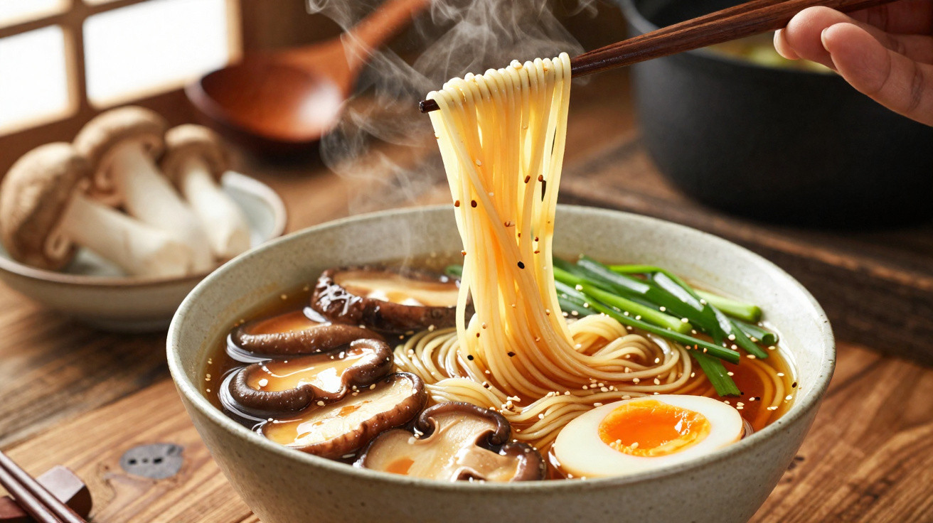 Taça de ramen com cogumelos, ovo e cebolinho, com vapor e pauzinhos a segurar noodles.